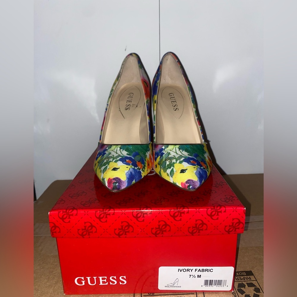 Guess Ivory Fabric Floral Heels